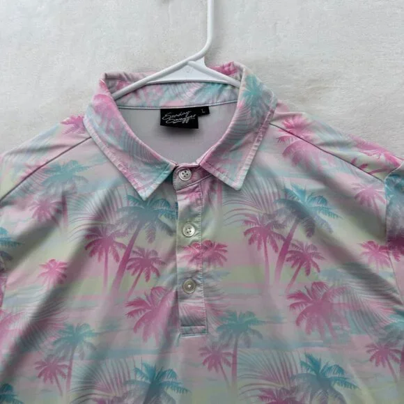 Sunday Swagger Polo Shirt Mens L Pink Palm Trees Geometric Golf Performance - Picture 2 of 8